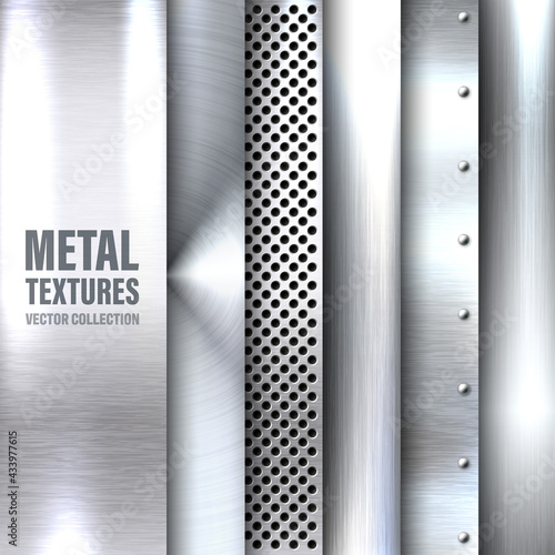 Realistic brushed metal textures set. Polished stainless steel background. Vector illustration.