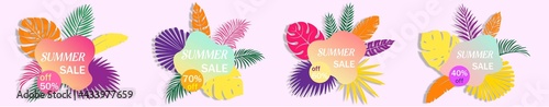 Illustration card banner set of summer sticker's template for summer sale with colorful palm leaf 40% off 70% off 60% off 50% off limited time best offer