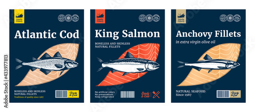 Vector fish flat style packaging design. Salmon, Atlantic cod and anchovy fish illustrations