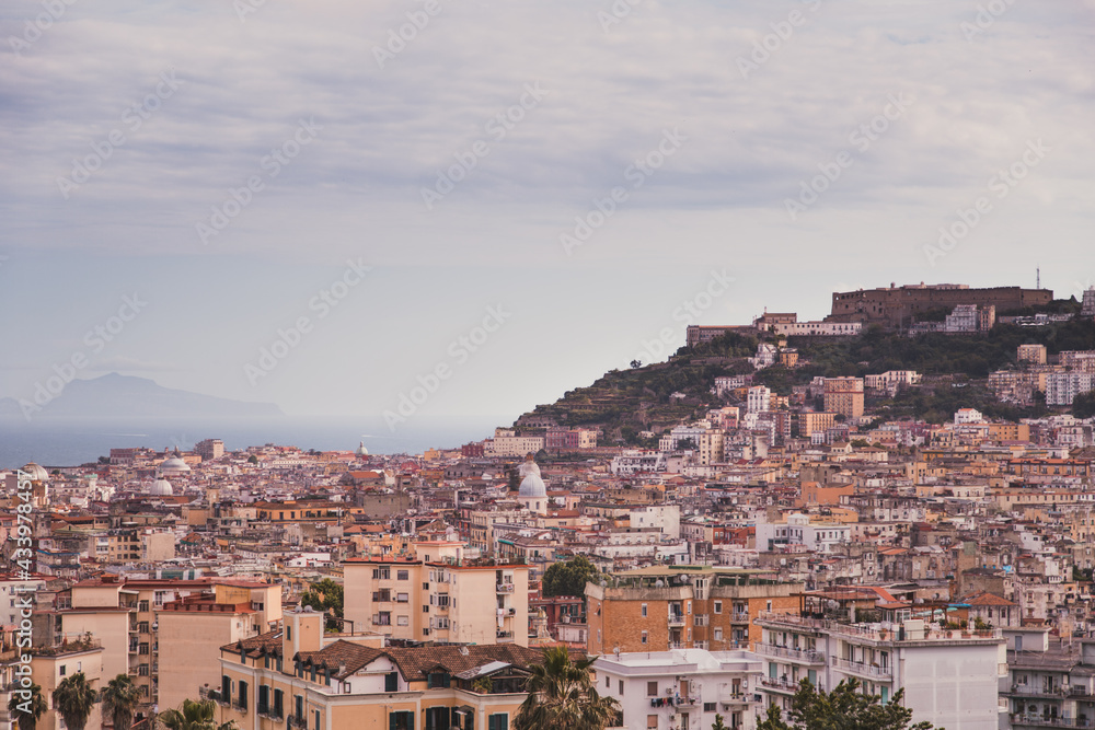 Panoramic scenic view of Naples on a cloudy day, Campania, Italy