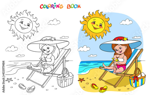 Coloring book or page. A girl in a swimsuit sits on a lounger and smears herself with sunscreen, the sun above the sea smiles and looks at her.
