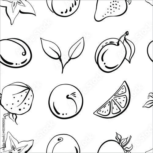 Seamless pattern with healthy fruits and berries in black line sketchy style isolated on white background. Doodle hand drawn vector illustration