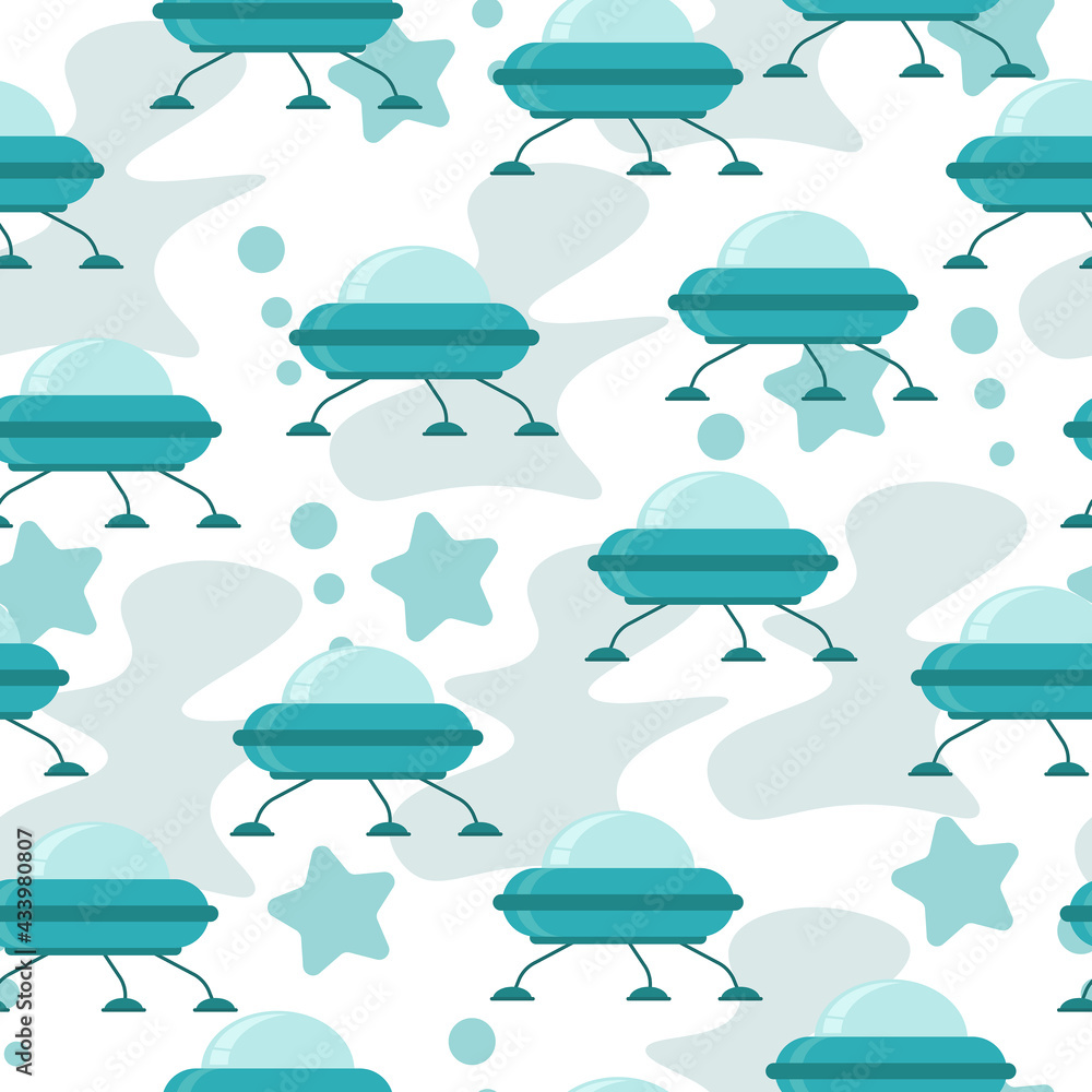 Seamless pattern of UFO spaceships in blue shades in cartoon style, flying objects and abstract spots on a white background Seamless pattern of UFO spaceships in blue shades in cartoon style, flying objects and abstract spots on a white background