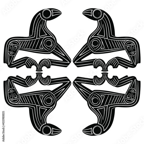 Symmetricl design with four fantastic animals. Stylized horses. Ethnic Viking design from Sweden. Black and white silhouette. photo