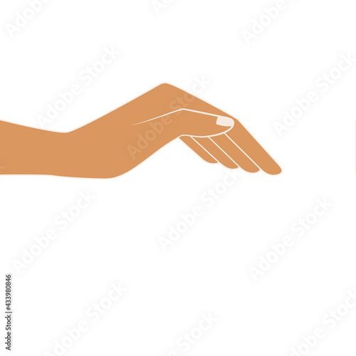 Outstretched cupped hand of young woman. Isolated vector illustration on white background.