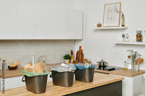 Modern kitchen with kitchenware and group of plastic trash bins