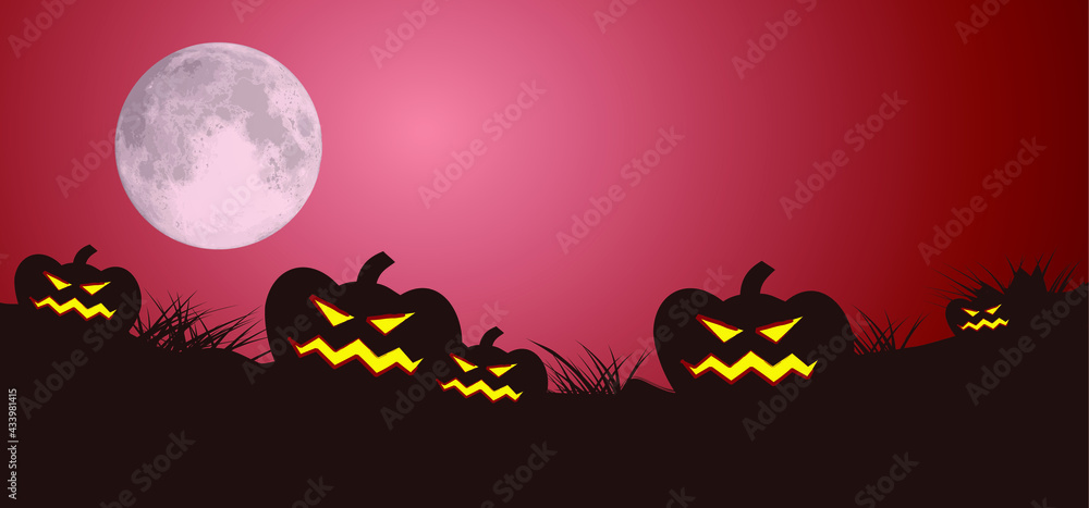 Cartoon drawing of scary pumpkins in the moon for happy halloween party, fest on 31 October. Pumpkin, pictogram. Flat vector sketch sign. Banner or card.