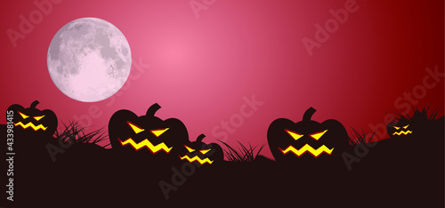 Cartoon drawing of scary pumpkins in the moon for happy halloween party, fest on 31 October. Pumpkin, pictogram. Flat vector sketch sign. Banner or card.