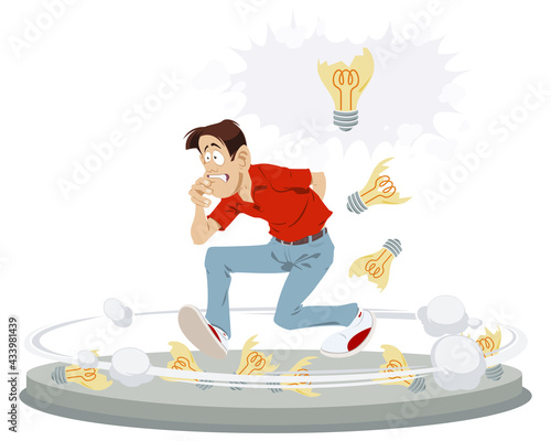 Dilemma of businessman. Manager tries to find solution. Confused man walk in circle. Illustration for internet and mobile website.