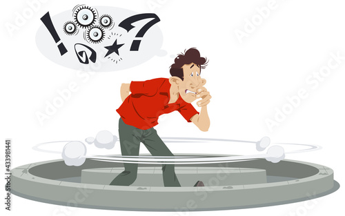 Dilemma of businessman. Manager tries to find solution. Confused man walk in circle. Illustration for internet and mobile website.