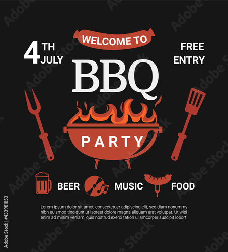 Welcome BBQ party flyer.Summer Barbecue weekend cookout event with beer,food,music.Design template for barbeque menu,poster,invitation banner, announcement.Cooking outdoor.Vector illustration.