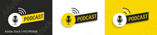 Set podcast logos and symbols, icons with studio microphone in black,white and yellow.Emblems for broadcast,news and radio streaming.Template for shows,live performances. Dj audio podcasting.Vector