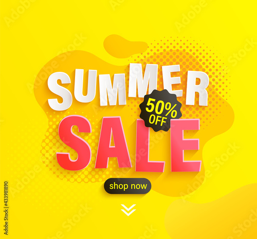 Bright summer sale flyer with geometric fluid and halftone for fashion retail with shopping invitation offer. Yellow banner with discount. Template for clearance cards,web, design.Vector illustration.