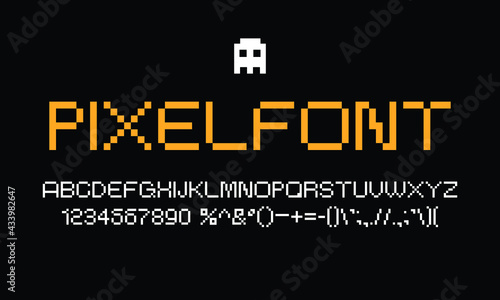 pixel font in vector. uppercase font provided in unique style. creative font which may be possible to use in technological, gaming, and digital themes. alphabet, number, and punctuation in set.