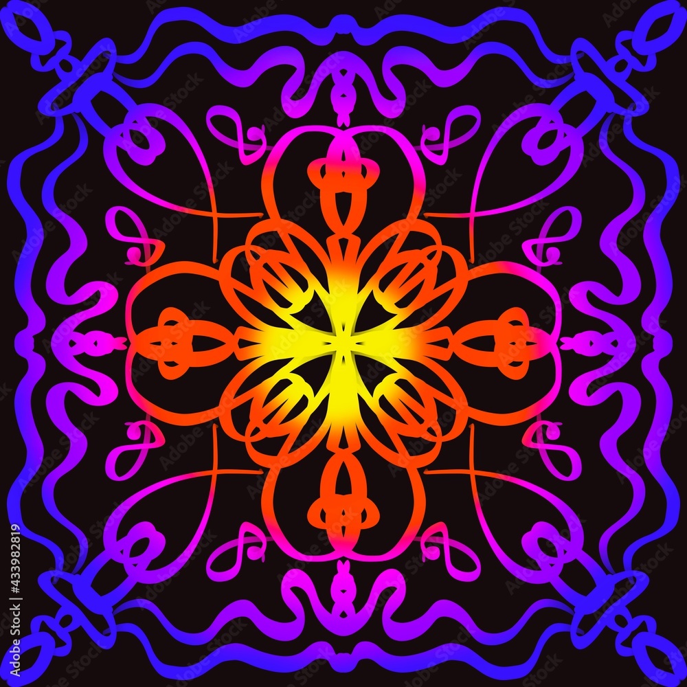 Pattern, mandala, flower. Multicolored lines on a black background Pattern, mandala, flower. Multicolored lines on a black background