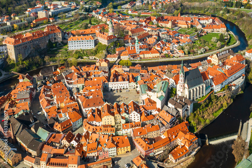Top view of Old Town Cesky Krumlov and river Vltava, Czech Republic