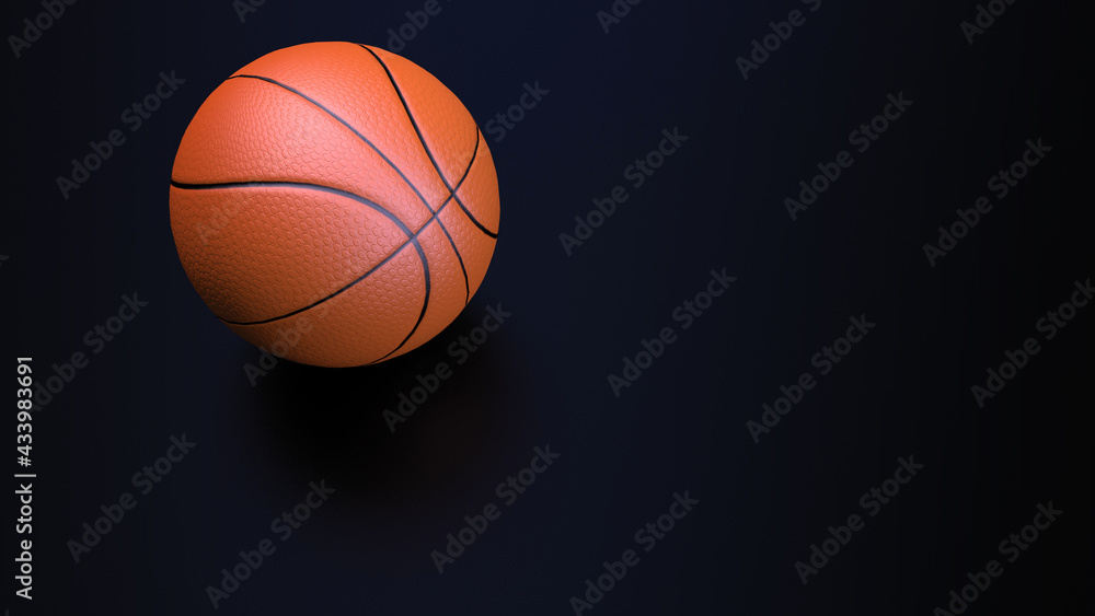 3D rendering. A basketball on a dark background. A soft shadow in the reflection. Team sports game with a ball. Free space for insertion. 3D illustration.