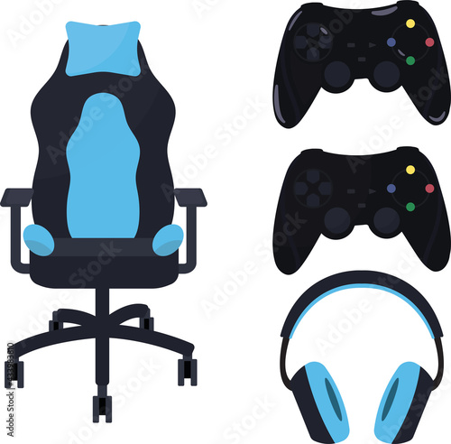 Set of gaming equipment- controller (joystick), headset (headphones) and gaming chair. Drawn in blue and black, minimalist style. 