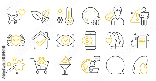 Set of line icons, such as Weather thermometer, Bureaucracy, Honeymoon travel symbols. Friends couple, Phone payment, Biometric eye signs. Ice cream, Cross sell, Speech bubble. Share. Vector