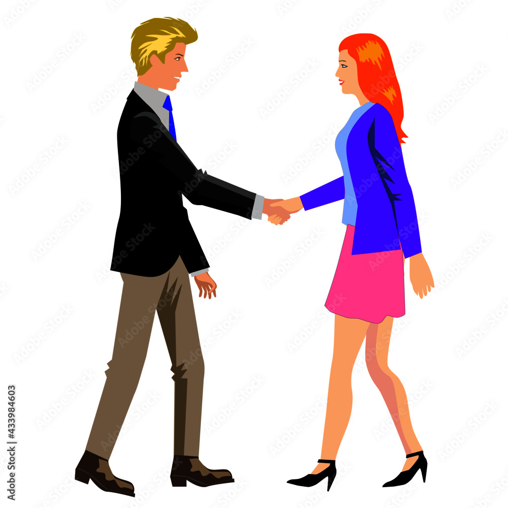 man and woman , white young business people shaking hands man and woman , white young business people shaking hands
