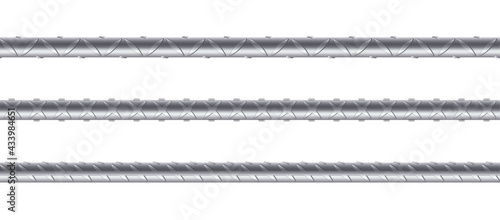 Seamless steel rebars on white background. Set of metal rods and bars for building and construction