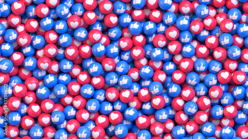 Get More Likes. Many red and blue balls with social media icons thumb up and heart. Realistic vector background