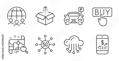 Send box, 5g technology and Buying line icons set. Mobile finance, Search map and Global business signs. Parking, Cloud storage symbols. Quality line icons. Send box badge. Vector