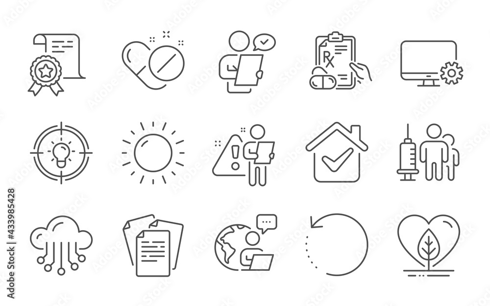 Medical pills, Sunny weather and Local grown line icons set. Customer survey, Prescription drugs and Documents signs. Recovery data, Certificate and Idea symbols. Line icons set. Vector Medical pills, Sunny weather and Local grown line icons set. Customer survey, Prescription drugs and Documents signs. Recovery data, Certificate and Idea symbols. Line icons set. Vector