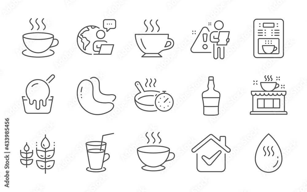 Ice cream, Cappuccino and Cashew nut line icons set. Frying pan, Coffee shop and Gluten free signs. Coffee maker, Cocktail and Hot water symbols. Scotch bottle. Sundae cup, Espresso cup. Vector Ice cream, Cappuccino and Cashew nut line icons set. Frying pan, Coffee shop and Gluten free signs. Coffee maker, Cocktail and Hot water symbols. Scotch bottle. Sundae cup, Espresso cup. Vector