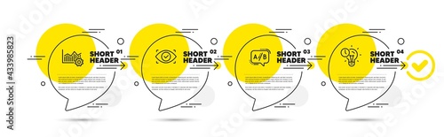 Operational excellence, Ab testing and Biometric eye line icons set. Timeline infograph speech bubbles. Time management sign. Corporate business, Test chat, Security scan. Idea lightbulb. Vector