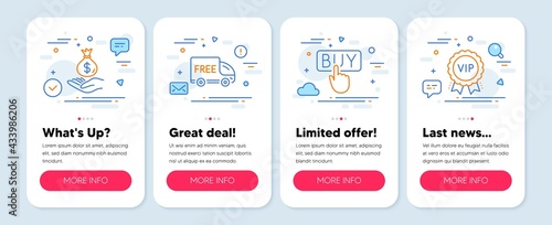 Set of Finance icons, such as Income money, Buying, Free delivery symbols. Mobile screen mockup banners. Vip award line icons. Savings, E-commerce shopping, Shopping truck. Exclusive privilege. Vector