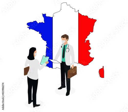 Professional doctor using face mask with France Vector Image. Isometric illustration of doctor, medicine and healthcare.