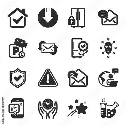 Set of Technology icons, such as Safe time, Mobile like, Certified refrigerator symbols. Chemistry lab, Receive mail, Refresh mail signs. Parking security, Face biometrics, Download arrow. Vector