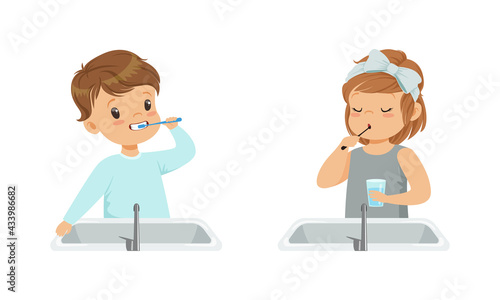 Adorable Little Boy and Girl Brushing Teeth Set, Daily Routine Concept Cartoon Vector Illustration