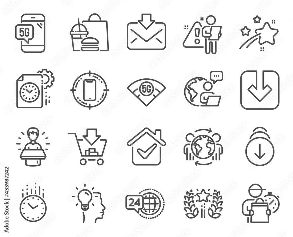 Technology icons set. Included icon as Global business, Brand ambassador, Time signs. Scroll down, 5g phone, Smartphone target symbols. Load document, Project deadline, Shopping. Idea. Vector Technology icons set. Included icon as Global business, Brand ambassador, Time signs. Scroll down, 5g phone, Smartphone target symbols. Load document, Project deadline, Shopping. Idea. Vector