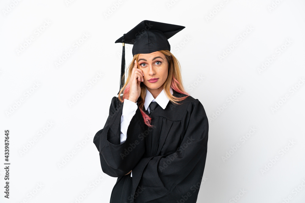 Young university graduate over isolated white background thinking an idea Young university graduate over isolated white background thinking an idea