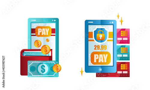 Set of Online Payment Methods, Internet Shopping Store Service, Mobile Payments, Electronic Funds Transfers Flat Vector Illustration