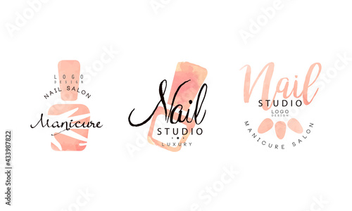 Nail Studio Logo Templates Design Set, Manicure Salon Badges and Labels Hand Drawn Vector Illustration