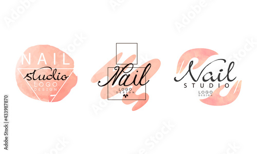 Nail Logo Original Design Set, Manicure Studio, Salon Badges and Labels Hand Drawn Vector Illustration