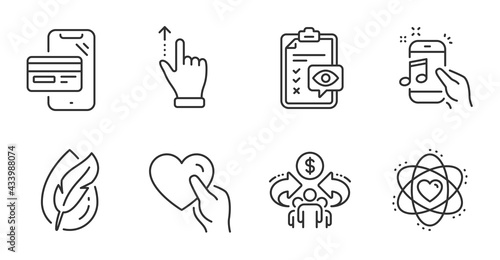 Eye checklist, Sharing economy and Atom line icons set. Touchscreen gesture, Hold heart and Hypoallergenic tested signs. Online shopping, Music phone symbols. Optometry, Share, Electron. Vector