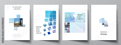 Vector layout of A4 format cover mockups templates for brochure, flyer layout, booklet, cover design, book design, brochure cover. Abstract design project in geometric style with blue squares.