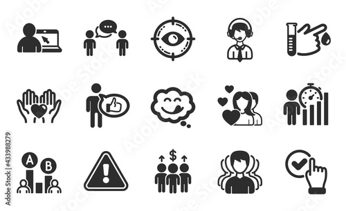 Fototapeta Naklejka Na Ścianę i Meble -  Ab testing, Consulting business and Shipping support icons simple set. Group, Yummy smile and Hold heart signs. Eye target, Meeting and Like symbols. Couple, Checkbox and Online education. Vector