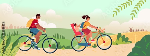 Panorama summer landscape with happy family cycling, spending time outdoor vector illustration. Couple and baby on bikes go on pic nick on sunny day. Man and woman relaxing in nature during Covid time
