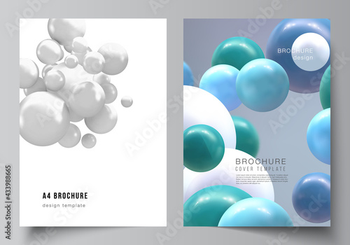 Vector layout of A4 cover mockups templates for brochure, flyer layout, booklet, cover design, book design, brochure cover. Realistic vector background with multicolored 3d spheres, bubbles, balls.