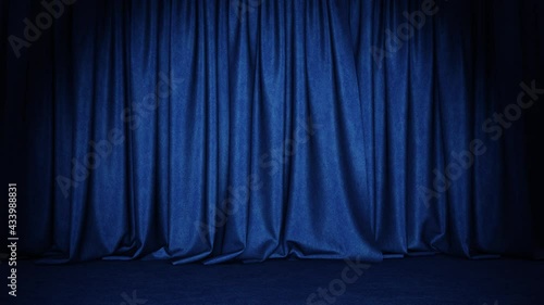 Realistic 3D animation of the dark blue textured denim curtain with blue carpet flooring rendered in UHD with alpha matte