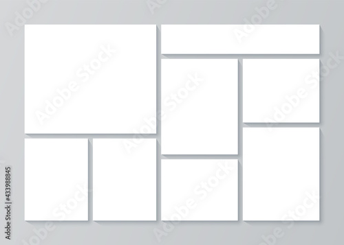 Collage template. Moodboard grid. Vector. Mood board. Frame banner with photo pictures. Photography album layout. Presentation mosaic background. Horizontal mockup. Simple illustration