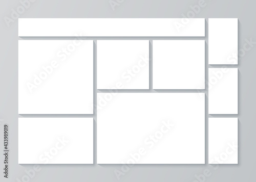 Collage template. Moodboard grid. Vector. Mood board. Frame banner with photo pictures. Photography album background. Presentation mosaic layout. Horizontal rectangle mockup. Simple illustration