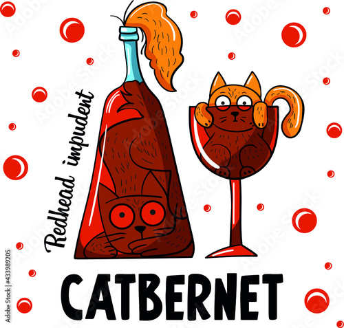 The cat in the glass. Cat in a bottle of wine. Funny cat illustration. Character design. Catbernet
