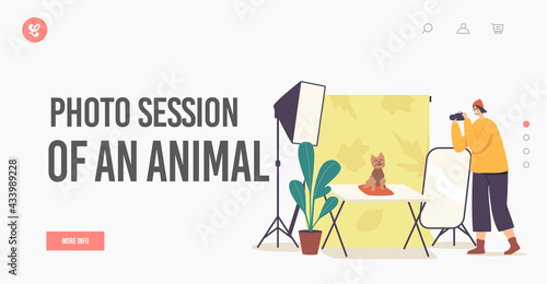 Animal Photo Session Landing Page Template. Photographer Female Character Make Photo of Dog in Professional Studio