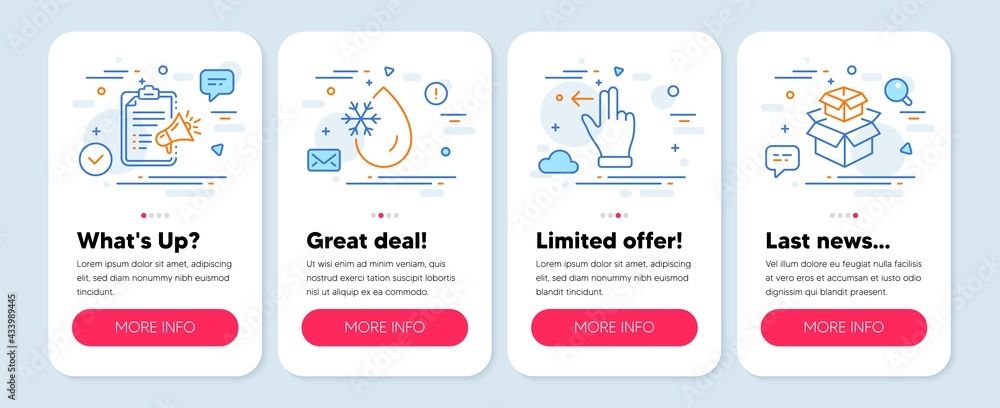 Set of Technology icons, such as Touchscreen gesture, Freezing water, Megaphone checklist symbols. Mobile screen app banners. Packing boxes line icons. Vector